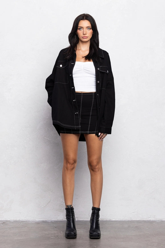 Stitch Detail Loose Fit Shacket and Mini Skirt Set BLACK-Sets-No Vacancy-S-Urbanheer
