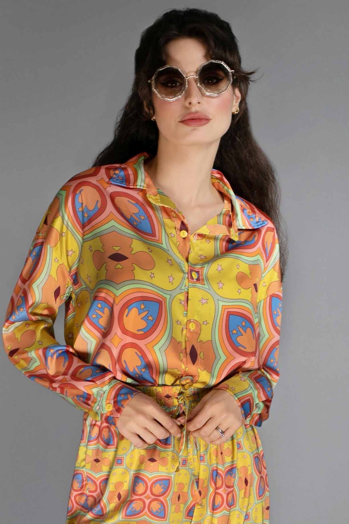 Loose Fit Floral Patterned Mustard Mescaline Satin Blouse-Nuvula-S-Urbanheer