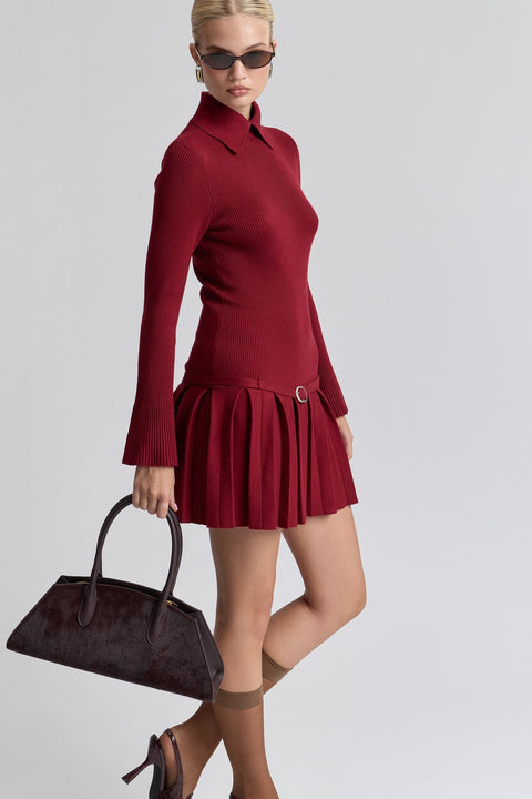 Drop-Waist Pleated Mini Sweater Dress - Red