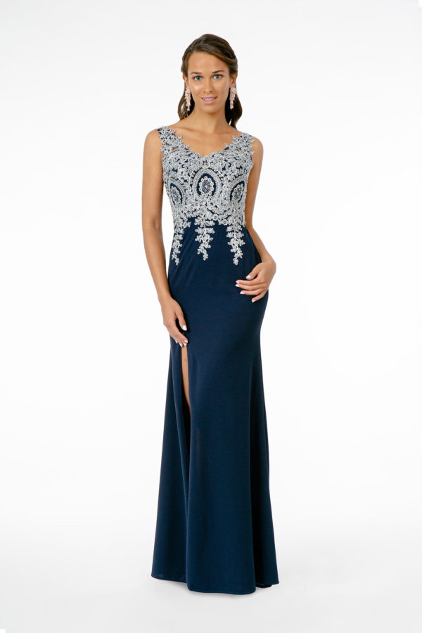 Embroidered Bodice V-Neck Jersey Long Dress W/ Slit-Nightgown-Tux-USA-XS-Navy/Silver-Urbanheer