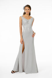 Embroidered Bodice V-Neck Jersey Long Dress W/ Slit-Nightgown-Tux-USA-XS-Silver/Silver-Urbanheer