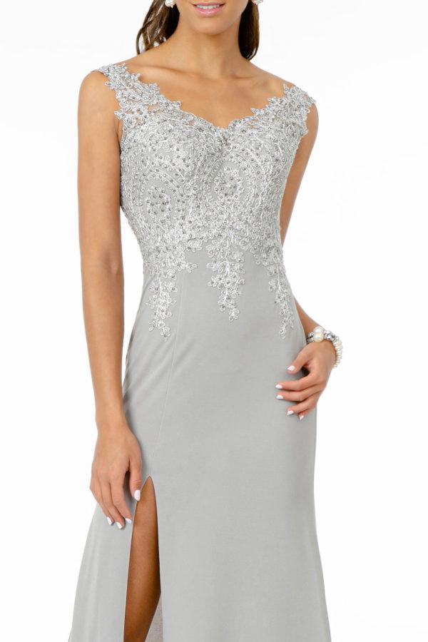 Embroidered Bodice V-Neck Jersey Long Dress W/ Slit-Nightgown-Tux-USA-XS-Silver/Silver-Urbanheer