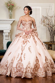Sequin Embellished Glitter Mesh Quinceanera Dress W/ Detached Mesh Sleeve-Quinceanera-Tux-USA-XS-Champagne-Urbanheer