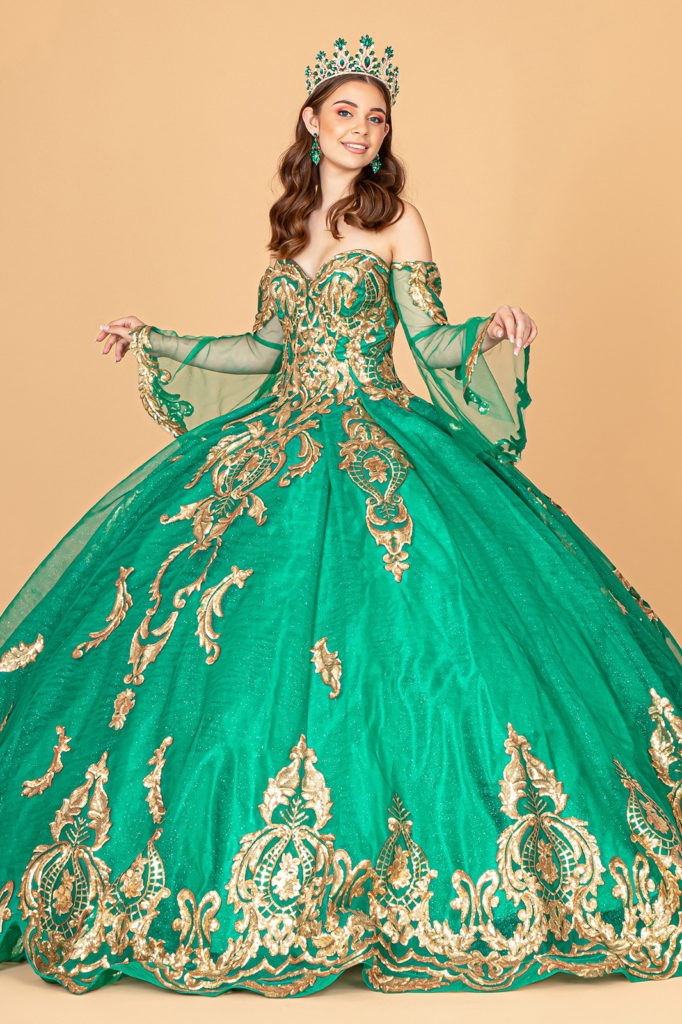Sequin Embellished Glitter Mesh Quinceanera Dress W/ Detached Mesh Sleeve-Quinceanera-Tux-USA-XS-Emerald Green-Urbanheer