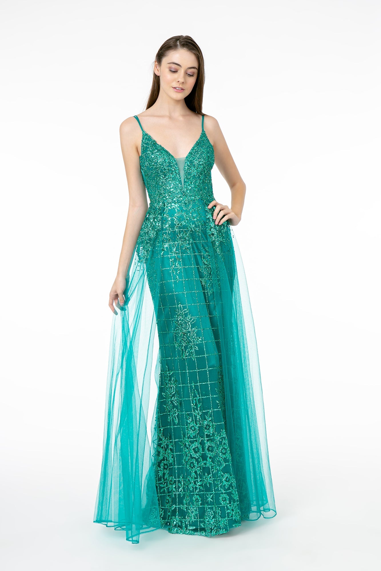 Glitter Mesh Illusion Deep V-Neck Dress W/ Open Back-Nightgown-Tux-USA-L-Green-Urbanheer
