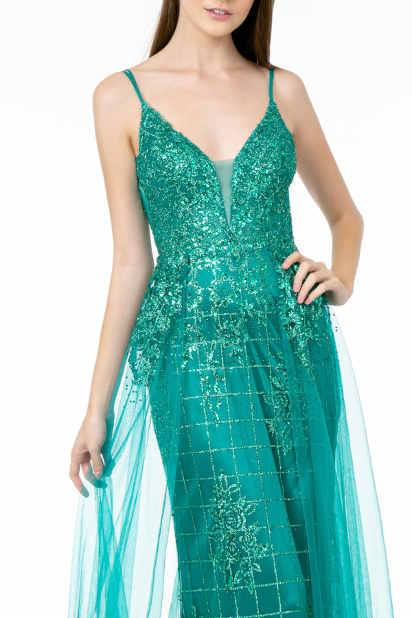 Glitter Mesh Illusion Deep V-Neck Dress W/ Open Back-Nightgown-Tux-USA-L-Green-Urbanheer