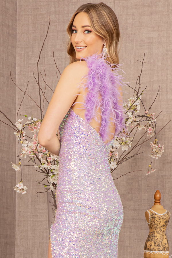 Sequin Asymmetric Cut-Out Back Mermaid Dress W/ Feather Strap-Nightgown-Tux-USA-XS-Lilac-Urbanheer