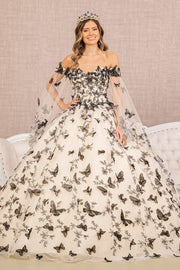 3-D Butterfly Applique Quinceanera Gown W/ Detachable Side Mesh Layer-Quinceanera-Tux-USA-XS-Champagne/Black-Urbanheer