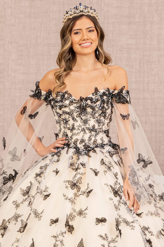 3-D Butterfly Applique Quinceanera Gown W/ Detachable Side Mesh Layer-Quinceanera-Tux-USA-XS-Champagne/Black-Urbanheer
