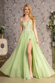 3-D Flower Glitter Sheer Bodice Mesh A-Line Long Dress W/ Side Slit-Nightgown-Tux-USA-S-Light Green-Urbanheer