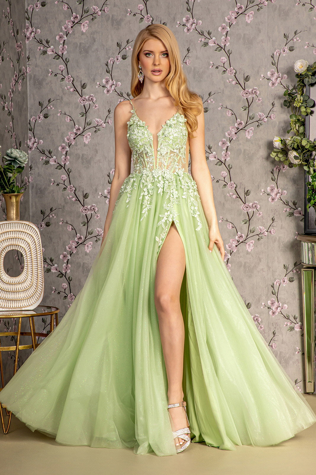 3-D Flower Glitter Sheer Bodice Mesh A-Line Long Dress W/ Side Slit-Nightgown-Tux-USA-S-Light Green-Urbanheer