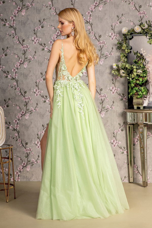 3-D Flower Glitter Sheer Bodice Mesh A-Line Long Dress W/ Side Slit-Nightgown-Tux-USA-S-Light Green-Urbanheer