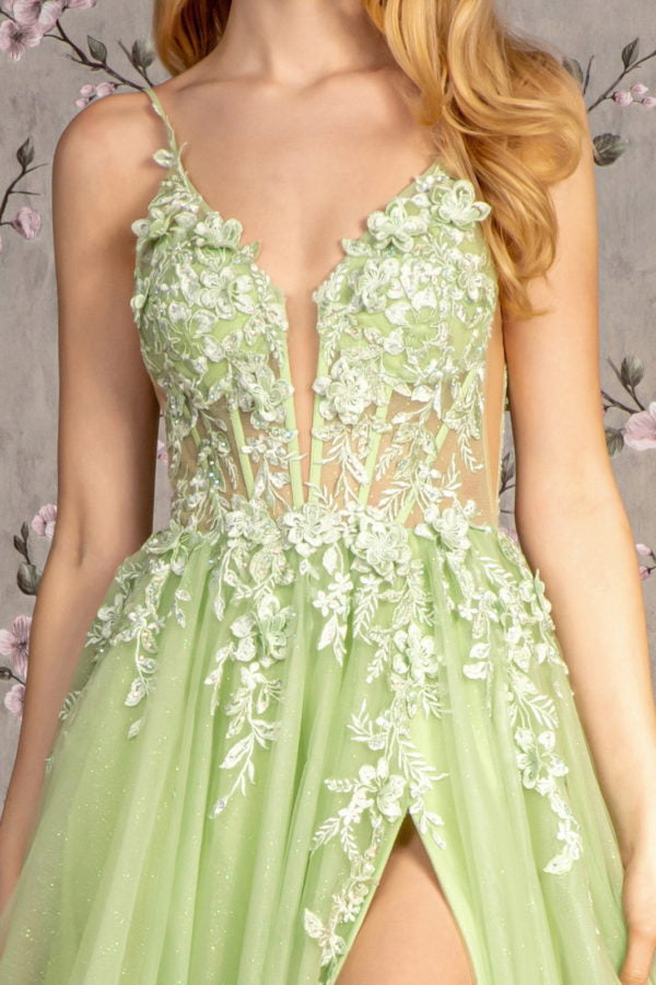 3-D Flower Glitter Sheer Bodice Mesh A-Line Long Dress W/ Side Slit-Nightgown-Tux-USA-S-Light Green-Urbanheer