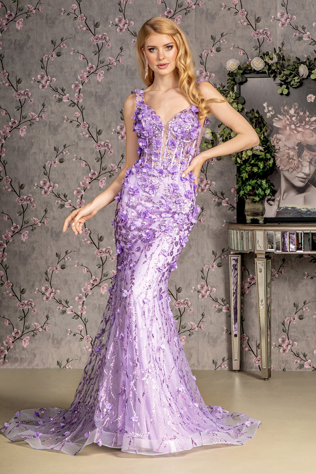 Jewel Glitter Sheer Bodice Mesh Mermaid Long Dress-Nightgown-Tux-USA-XS-Lilac-Urbanheer