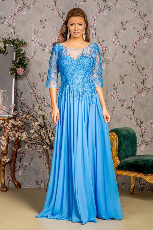 Bead Embroidery Sheer Neckline V-Back Chiffon A-Line Long Dress-Mob-Tux-USA-S-Perry Blue-Urbanheer