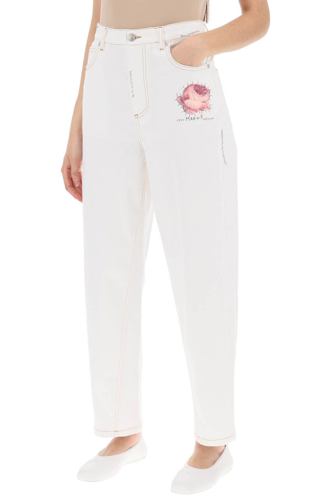 "jeans with embroidered logo and flower patch