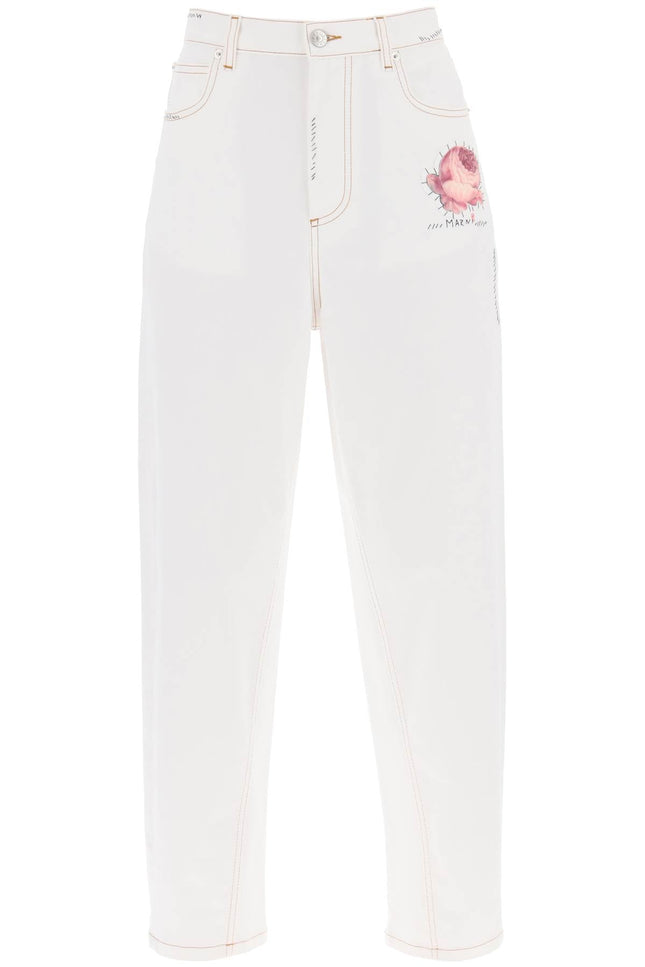 "jeans with embroidered logo and flower patch