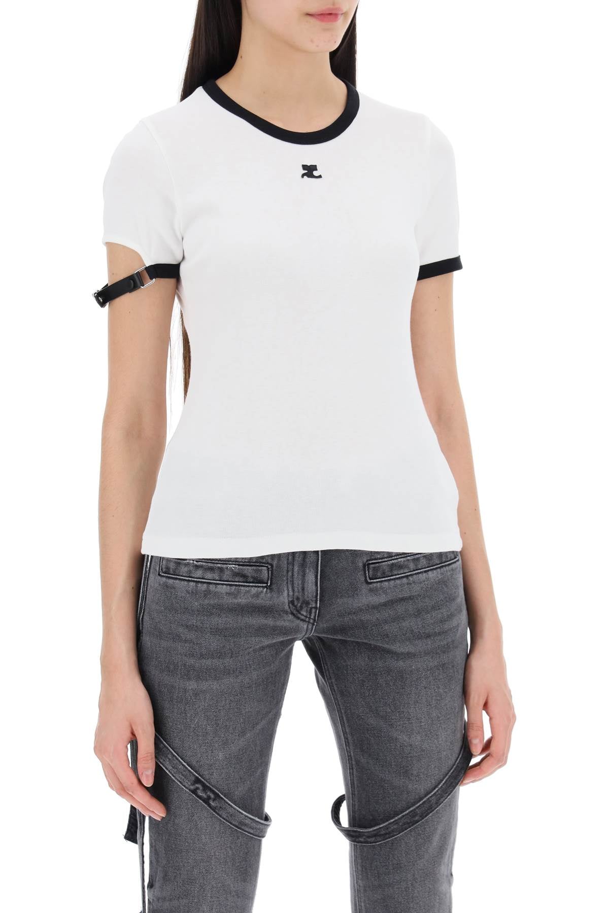 Leather Strap T-Shirt With Sleeve Detail.-women > clothing > tops and sweatshirts > t-shirts and polo shirts-Courreges-m-Bianco-Urbanheer