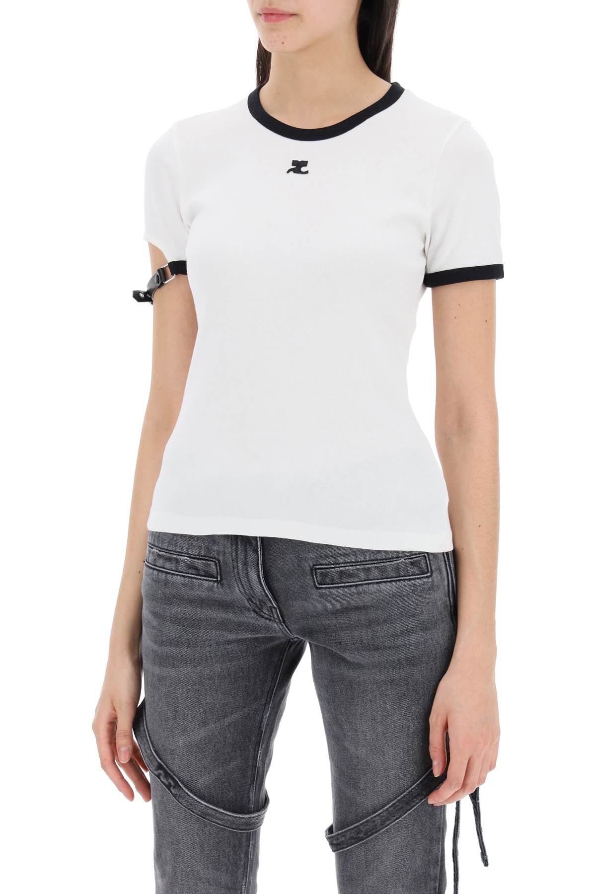 Leather Strap T-Shirt With Sleeve Detail.-women > clothing > tops and sweatshirts > t-shirts and polo shirts-Courreges-m-Bianco-Urbanheer