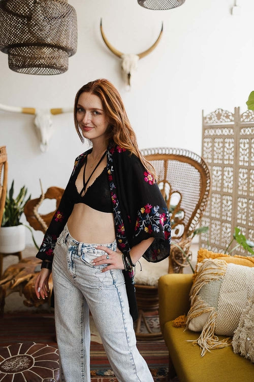 Lightweight Anemone Embroidered Kimono-Periwinkle Aether-One Size-Black-Urbanheer