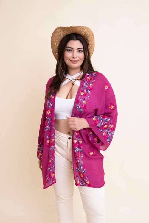 Lightweight Anemone Embroidered Kimono-Periwinkle Aether-One Size-Fuchsia-Urbanheer