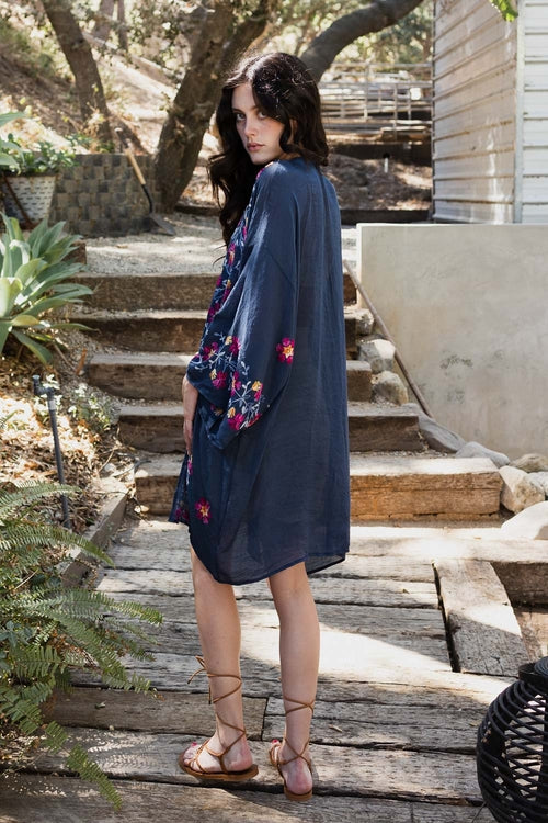 Lightweight Anemone Embroidered Kimono-Periwinkle Aether-One Size-Navy-Urbanheer