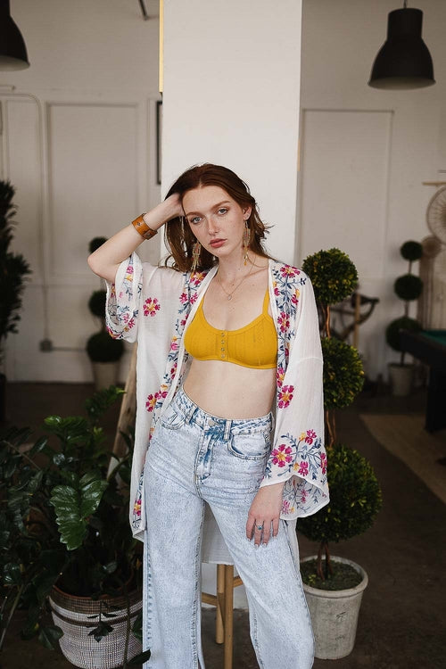 Lightweight Anemone Embroidered Kimono-Periwinkle Aether-One Size-White-Urbanheer