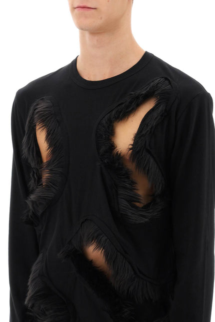 Long-Sleeved T-Shirt With Faux Fur-Trimmed Cut-Outs