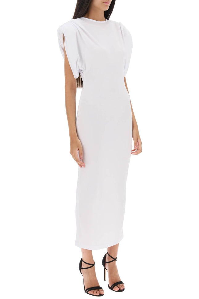 midi sheath dress with structured shoulders