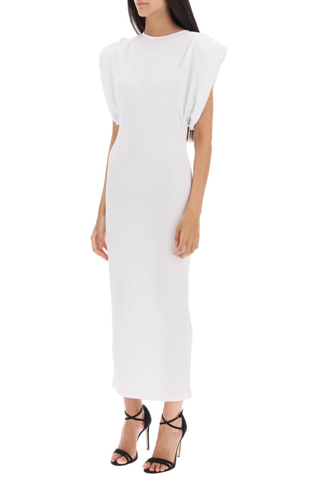 midi sheath dress with structured shoulders
