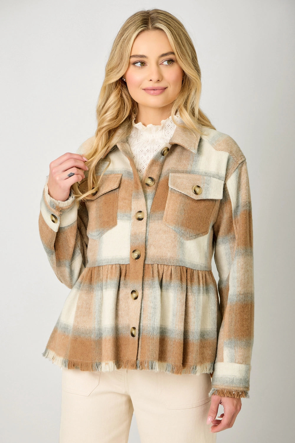 Peplum Fringe Plaid Jacket
