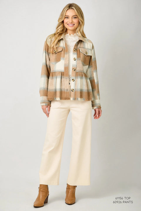Peplum Fringe Plaid Jacket - Latte