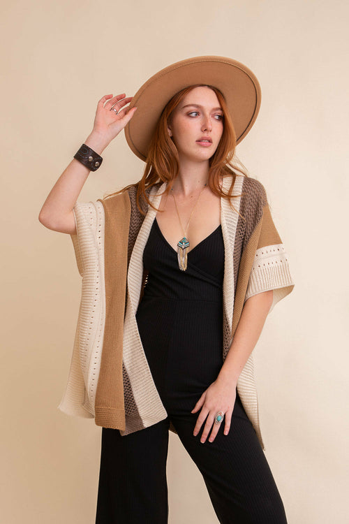 Multi-colored Striped Knit Poncho❤-Periwinkle Aether-One Size-Camel-Urbanheer