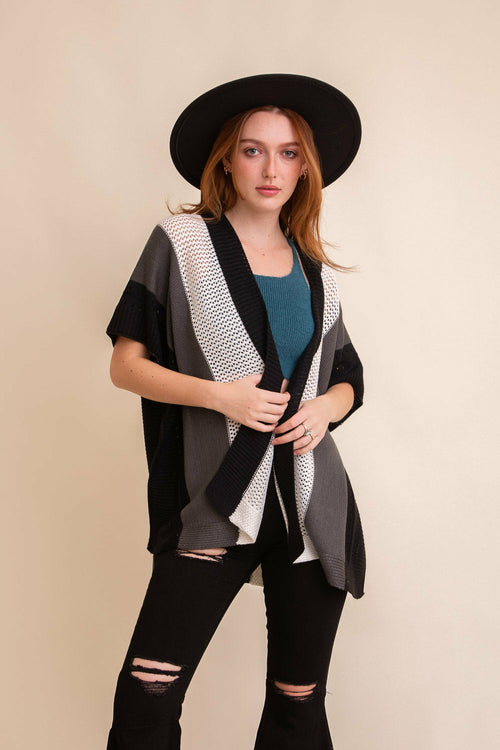 Multi-colored Striped Knit Poncho❤-Periwinkle Aether-One Size-Gray-Urbanheer