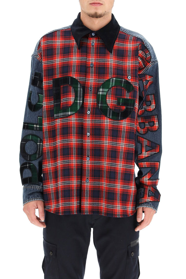 oversized denim and flannel shirt with logo