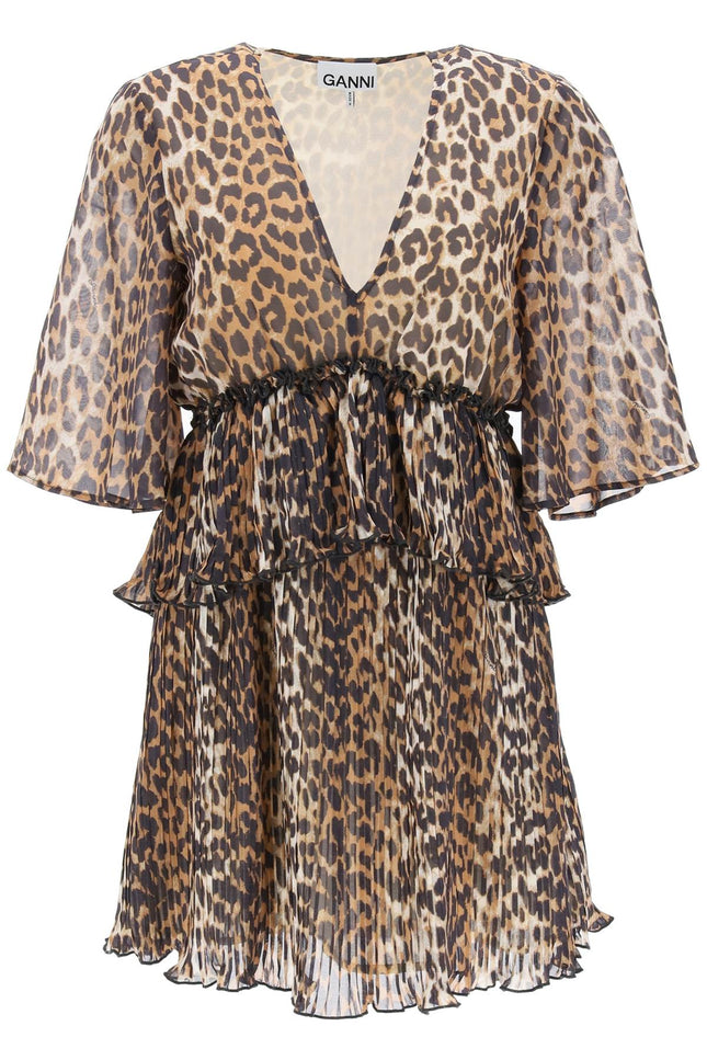Pleated Mini Dress With Leopard Motif - Beige