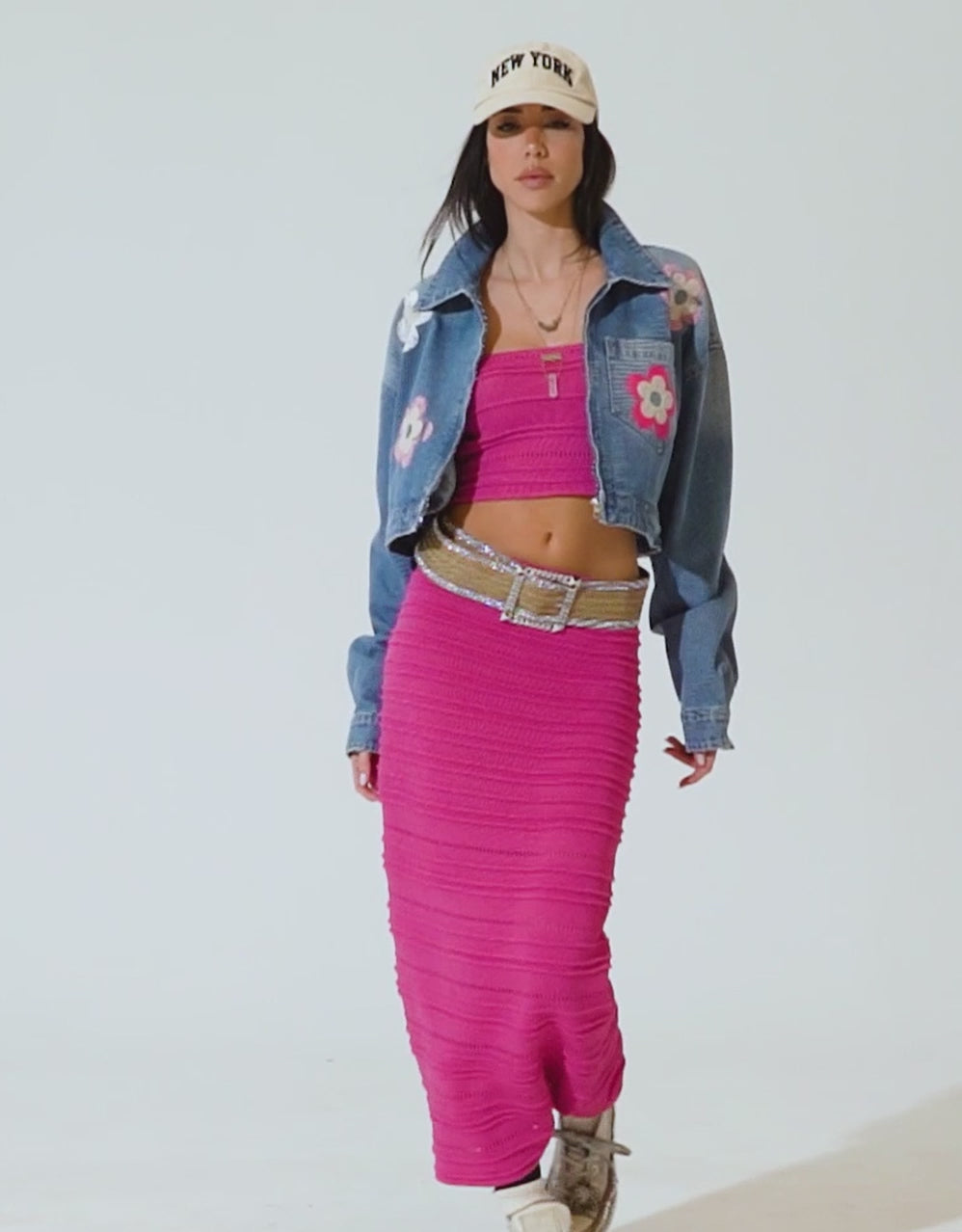 Load video: Denim Cropped Jacket with Flower Details