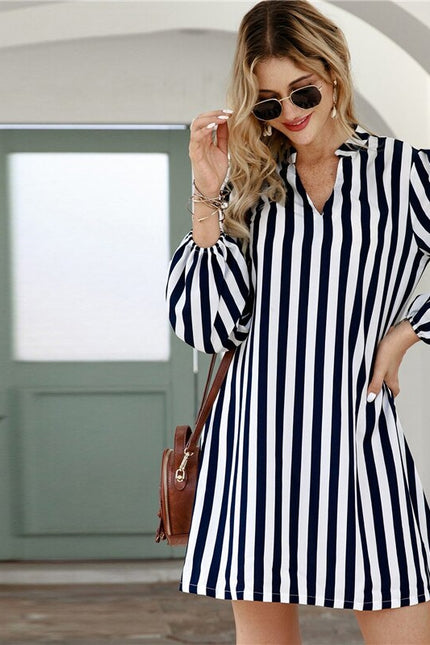 Notched Collar Striped Casual Shirt Dress-UHXV-Urbanheer