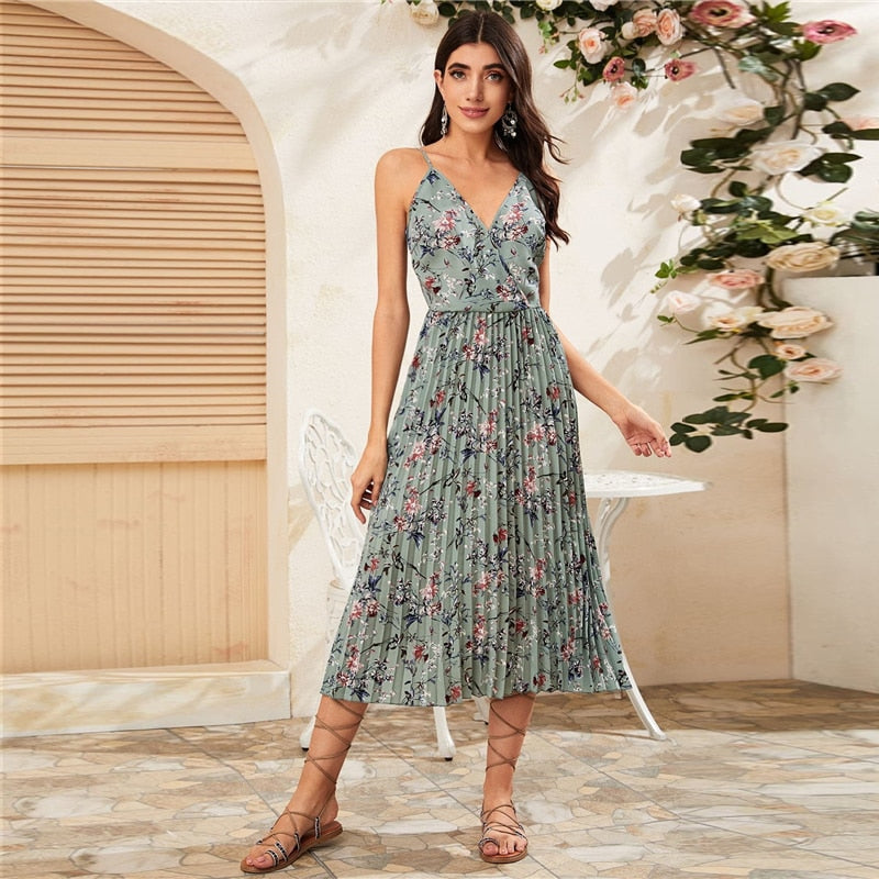 Yellow Surplice Neck Pleated Floral Cami-UHXV-Green-L-Urbanheer