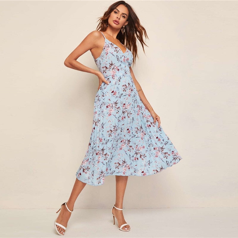 Yellow Surplice Neck Pleated Floral Cami-UHXV-Green-L-Urbanheer