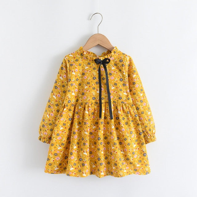 Floral Girls Dress Spring Long Sleeve Kids-UHXV-Yellow-140-United States-Urbanheer