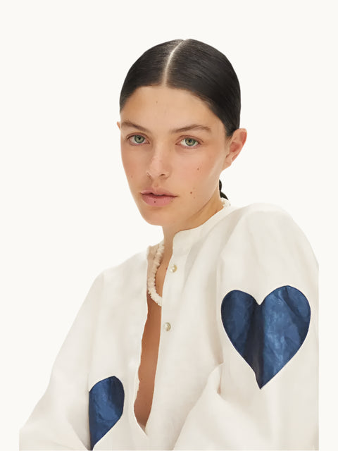 Cupid Linen Shirt - Off-White with Metallic Dark Blue Hearts-Shirt-Lanhtropy-XS-Off-white w/Foil Dark Blue Hearts-Urbanheer