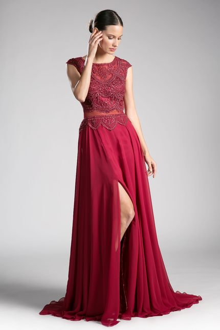 Beaded Lace Chiffon Dress-Mob-Tux-USA-XS-Burgundy-Urbanheer