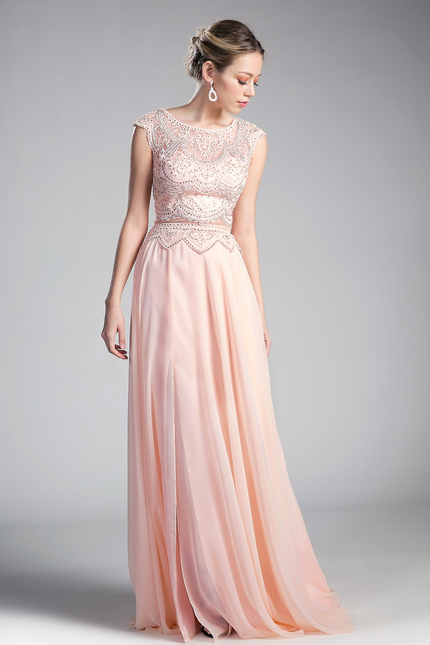 Beaded Lace Chiffon Dress-Mob-Tux-USA-XS-Peach-Urbanheer