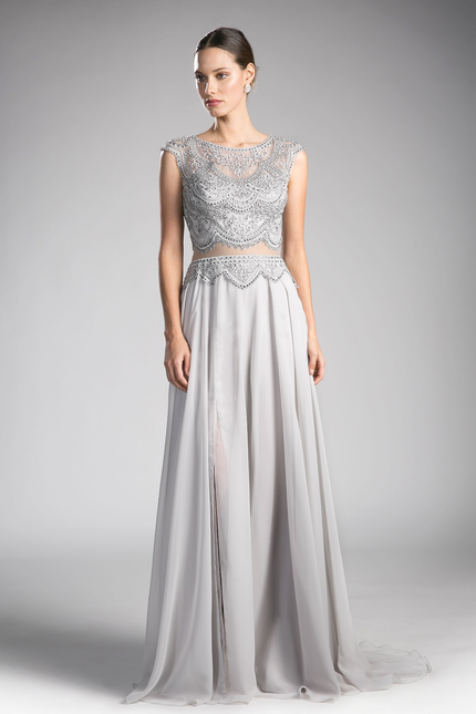 Beaded Lace Chiffon Dress-Mob-Tux-USA-XS-Silver-Urbanheer