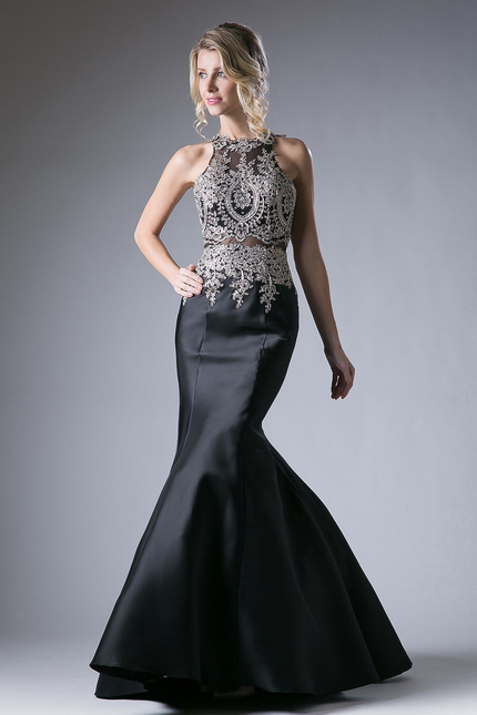 Fitted Mermaid Gown With Lace Halter Neckline-Mob-Tux-USA-6-Black-Urbanheer