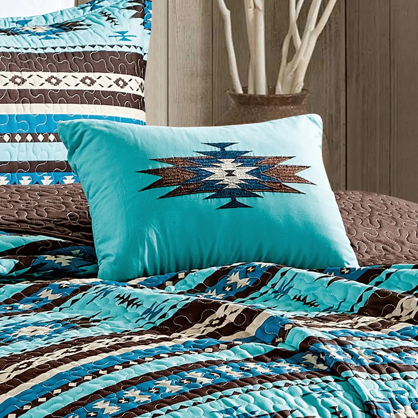 Southwestern Turquoise Tan Aztec Coverlet - 5 Piece Set-Linen Mart-Queen-Urbanheer