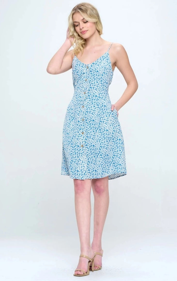 Blue Floral Spaghetti Strap Dress-SM WARDROBE-S-Urbanheer