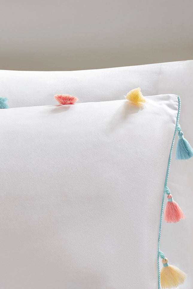 Colorful Tassels 4-Piece Kids White Comforter Set-Olliix-Urbanheer