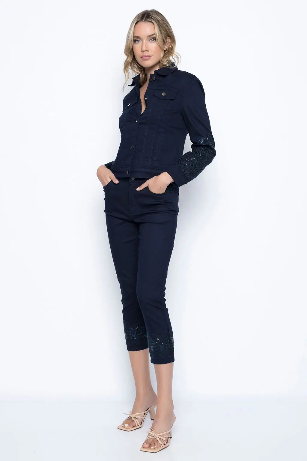 Cutout Embellished Denim Jacket-Picadilly-4-Navy-Urbanheer
